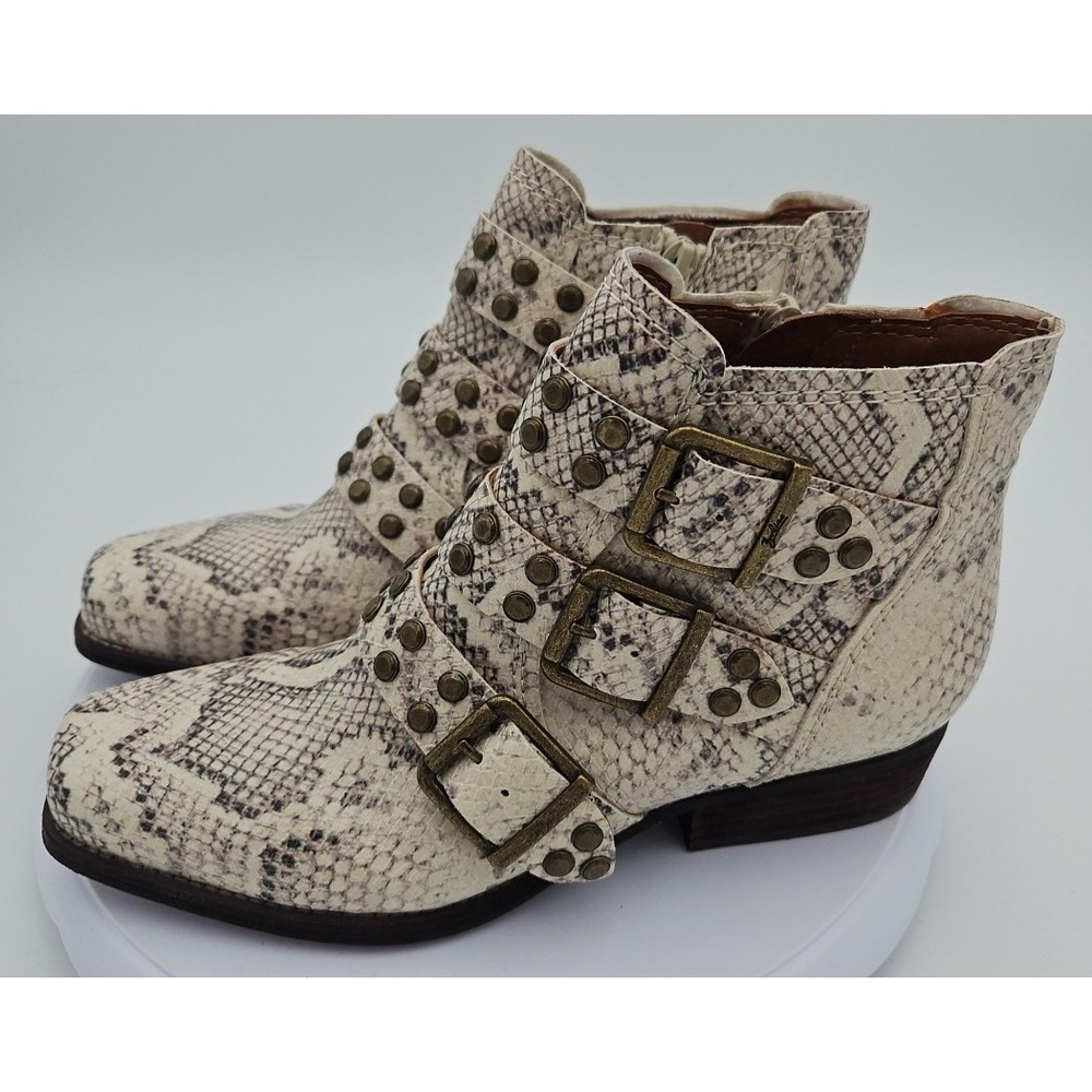 Zodiac ADELE Triple‎ Buckle Snake Animal Print Vegan W/7.5 Studded Booties EUC